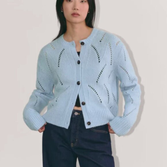 Everlane The Pointelle Cardigan in Cloud Chambray Blue Sweater M Wool Alpaca - Picture 1 of 10
